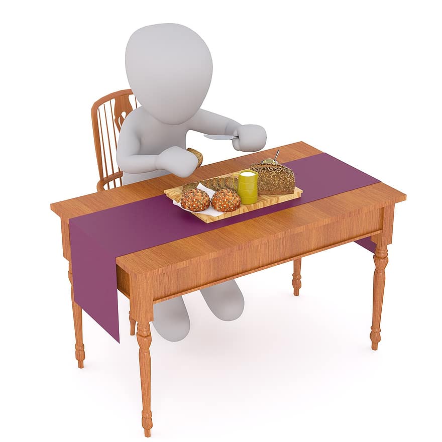 jíst, hody, stůl, stůl gedeckter, sloužit, Svačina, chléb, jídlo, bílý samec, 3D model, izolovaný