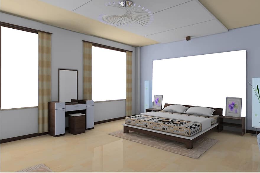 camera, letto, mobilia, finestre, 3d, rendere, struttura