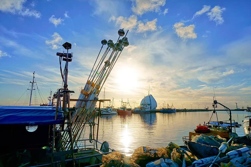 port de mer, mer, Port, le coucher du soleil, quai de chargement, flotte de pêche, port