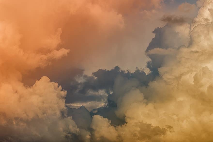 nuvole, nubi cumuliformi, cielo, tramonto, natura, nube, tempo metereologico, sfondi, nuvoloso, giorno, blu