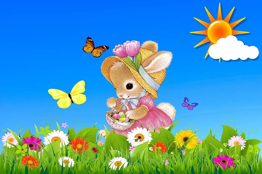 Великдень, Великодній заєць, Великодній фестиваль, пасхальна листівка, писанки, весна, Великодні свята, луг, остеркорб, Великодні дні, квітка