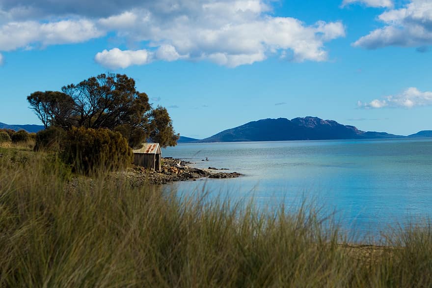 plage, mer, bateau, côte, eau, cabanon, Tasmanie, bleu, paysage, été, nuage