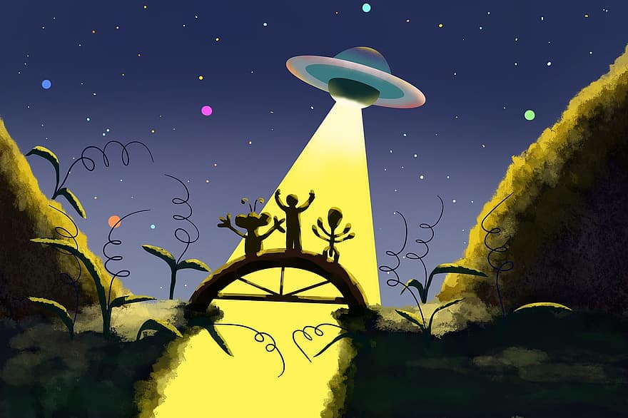 UFO、地球外、ようこそ、挨拶、エイリアン、人間、植物、光、スペース、ファンタジー、サイエンスフィクション
