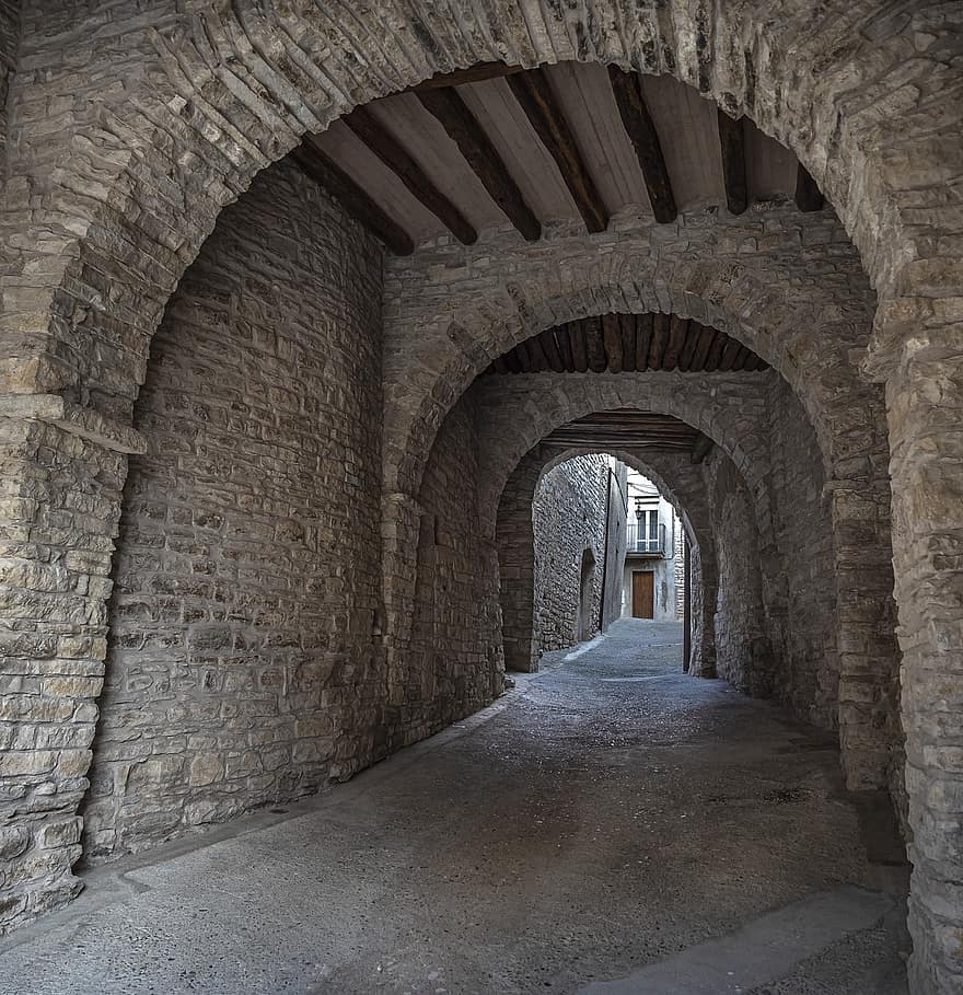 passage, straat, dorp, middeleeuws, steeg, Portaal Van Muren, architectuur, historisch, steen gebouwd, Anoia, Catalonië