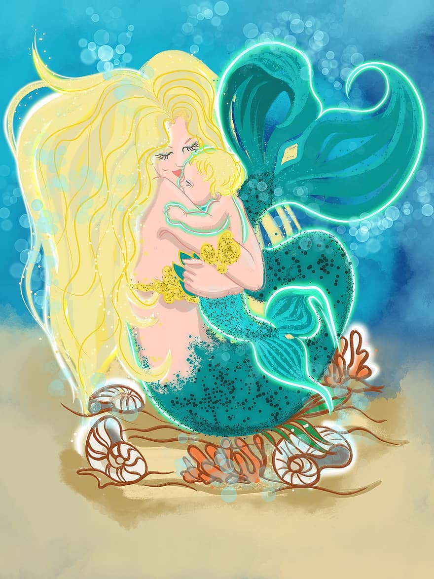Meer, die kleine Meerjungfrau, Meerjungfrau, Wasser, im Sommer von, Kinder, bunt, Glück, Liebe, Baby, Mama