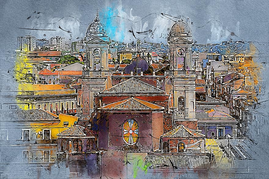 Buildings, City, Drawing, Towers, Architecture, Sicily, Creativity, christianity, religion, illustration, cultures