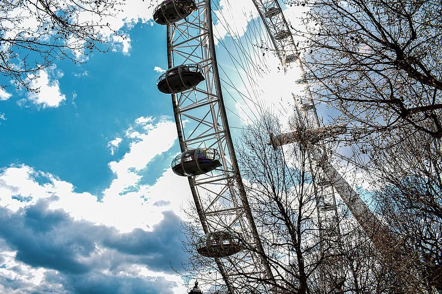 olho de londres, roda gigante, ponto de referência, roda de observação, luz solar, céu, nuvens, atração turística, Londres, famoso, Inglaterra
