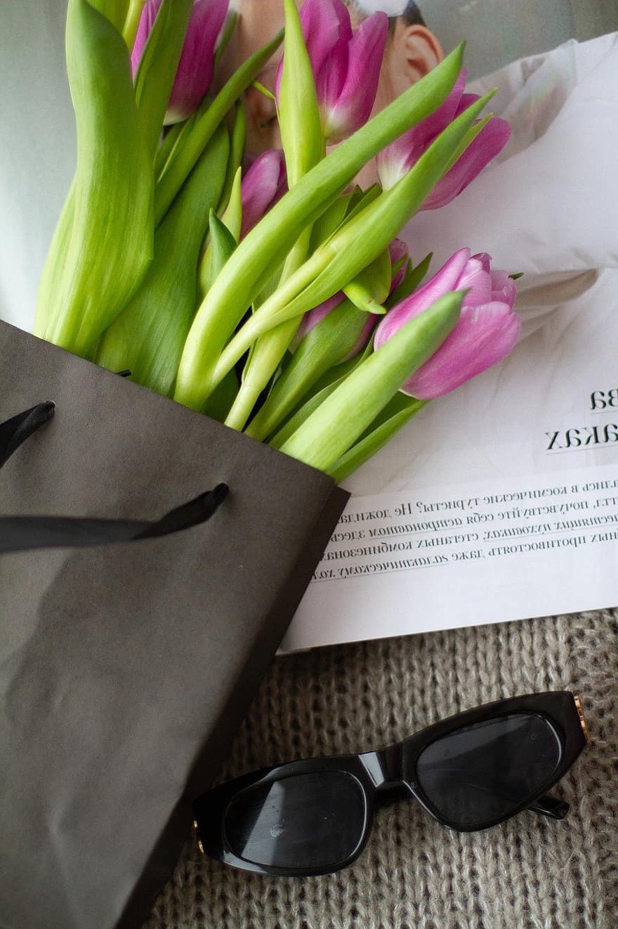 květiny, tulipány, jaro, květ, botanika, rostlina, móda, brýle, překvapení, detail, sluneční brýle