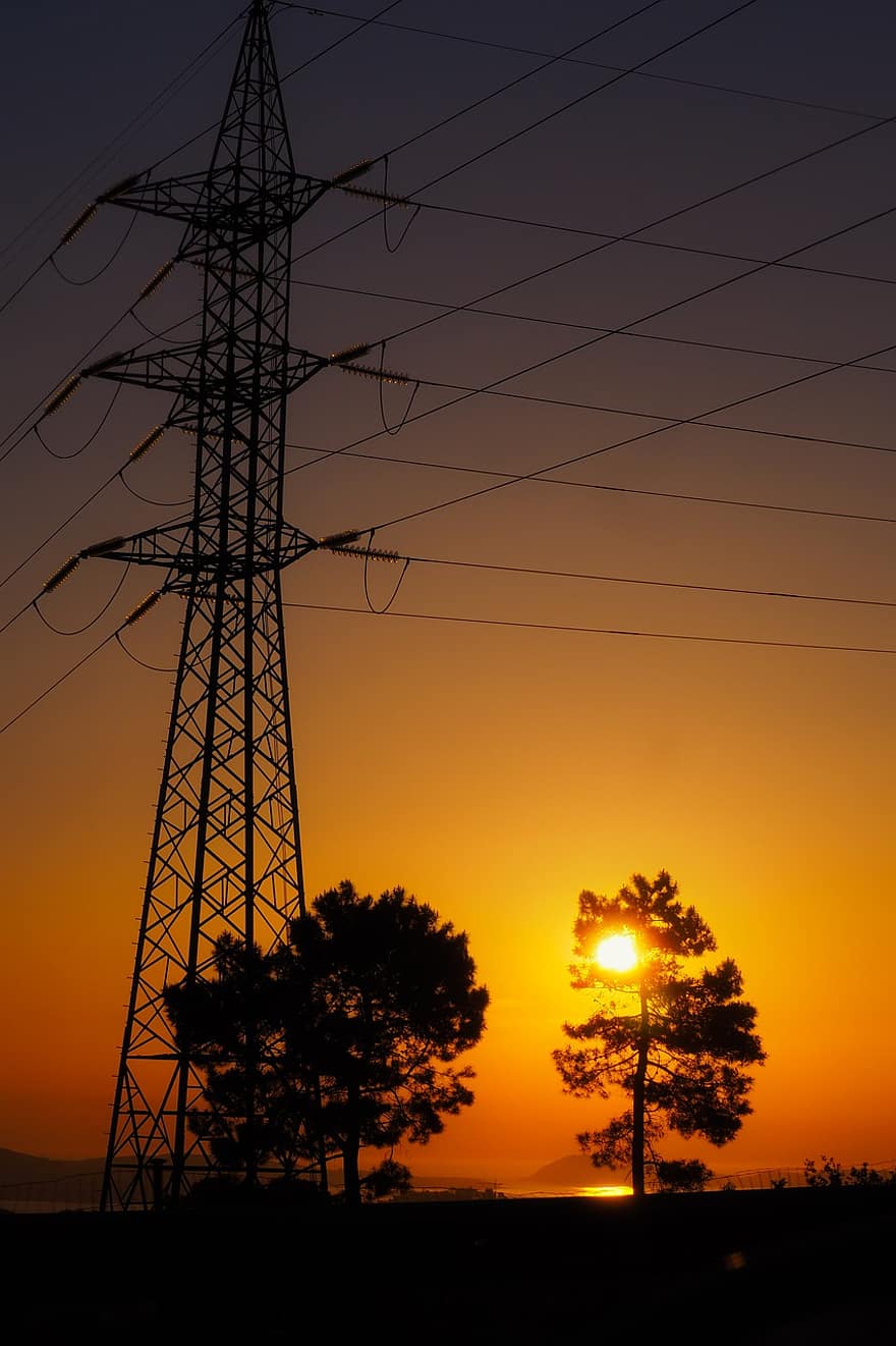 puesta de sol, Torre de transmisión, electricidad, silueta, luz del sol, arboles, cables, línea eléctrica aérea, Torre de energía, pilón de electricidad, torre