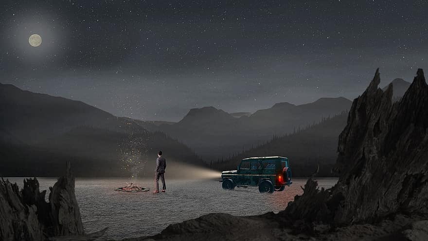 gurun, malam, gunung, Range Rover, api unggun, laki-laki, petualangan, pemandangan, olahraga ekstrim, Bima Sakti, galaksi