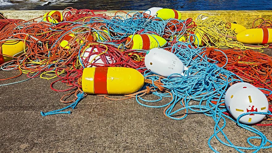 bouées de pêche, corde de pêche, Marin, corde, multi couleur, Plastique, équipement, couleurs, chaîne, arrière-plans, bleu