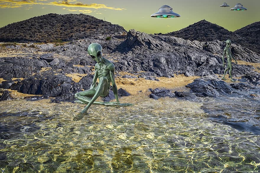 παραλία, ufo, εξωγήινο, φανταστικός, επιστημονική φαντασία, πέτρα