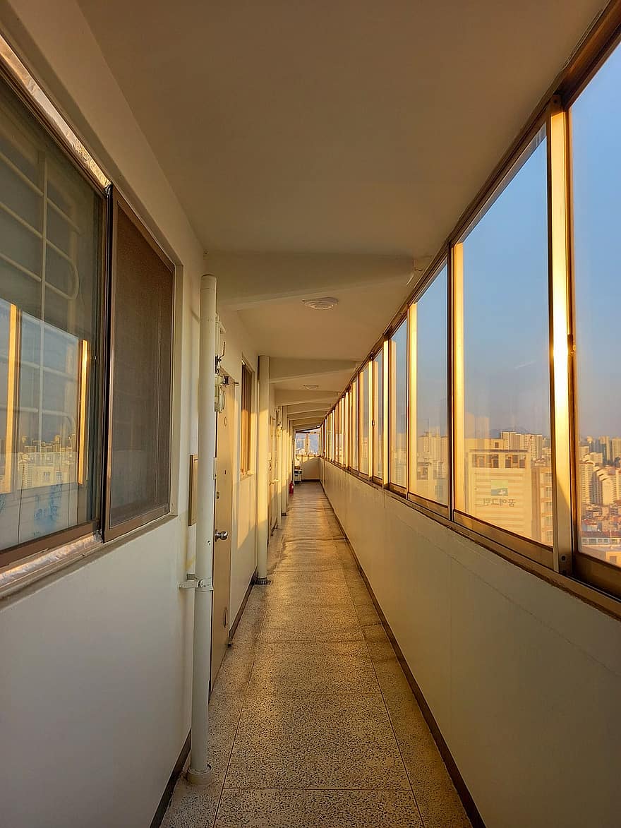 koridor, bangunan, Apartemen, Korea, seoul, matahari terbenam, cara, jendela, bagian, aula, kota