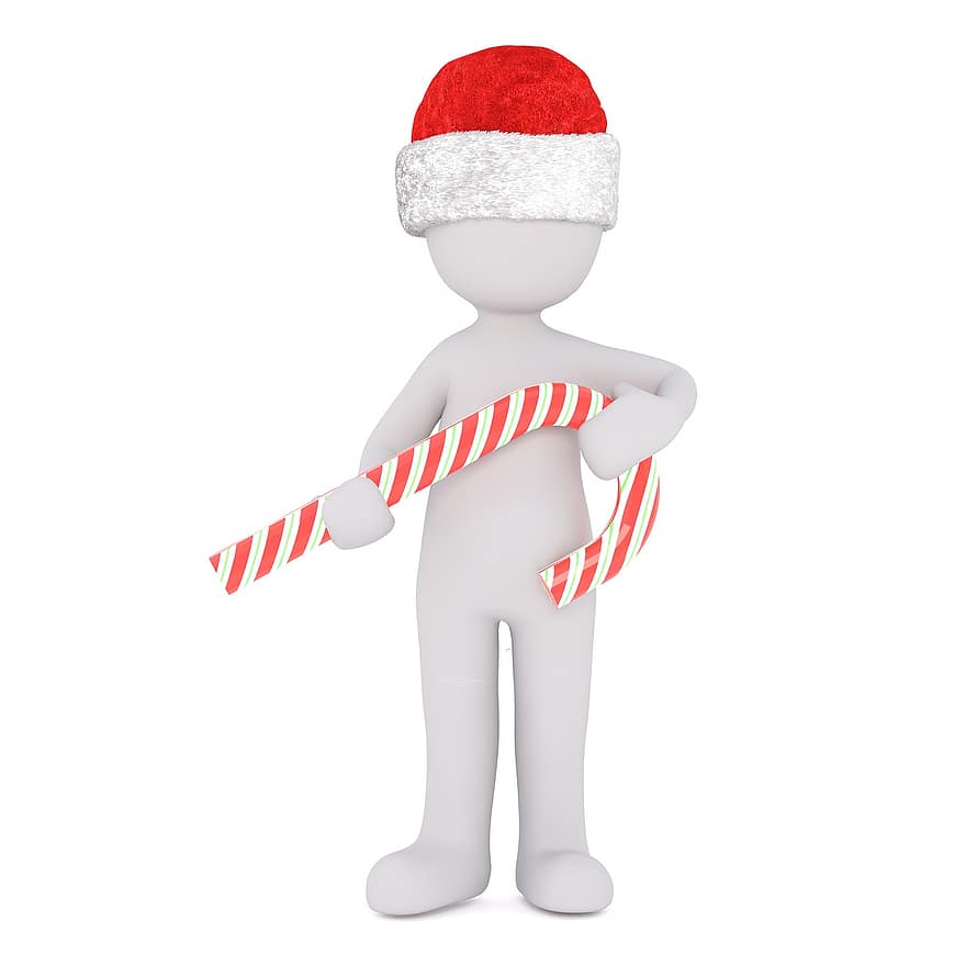 blanke man, wit, figuur, geïsoleerd, Kerstmis, 3d model, volledige lichaam, 3d kerstmuts, zuurstok, verdieping, wandelstok