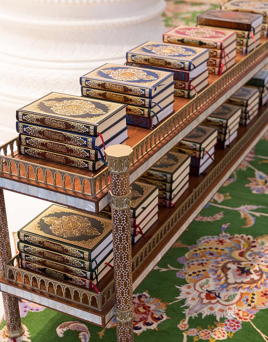 coleção, livros, documento, religião, Alá, Antiguidade, árabe, livro, tapete, colorida, coran