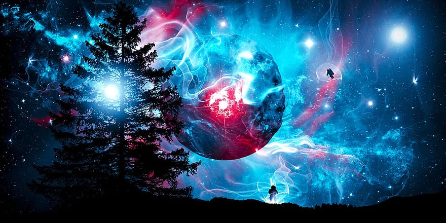 albero, pianeta, astronauta, silhouette, fantasia, surreale, universo, stella, panoramico, orizzonte, costellazione