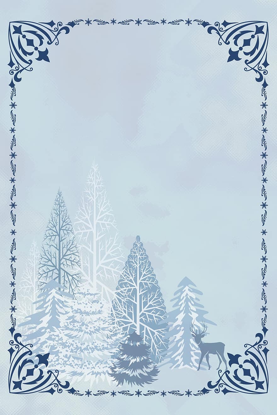 bưu thiếp, giáng sinh, lý lịch, Thiên nhiên, con nai, cây giáng sinh, màu xanh da trời, tuyết, trang trí, khung, bông tuyết
