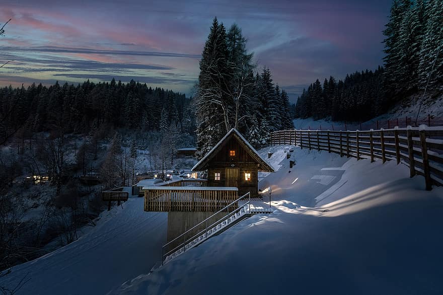 kulübe, kar, gece, ışıklar, ev, bina, köy, kabin, dağ, eğim, kar yağışlı
