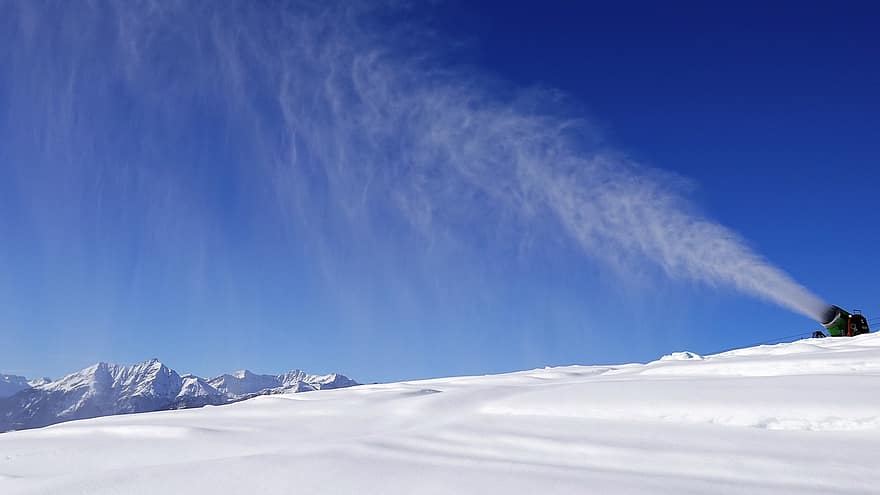 sniega lielgabals, sniegs, kalnu panorāma, kalns, ziemā, zils, sportu, Ekstrēmie sporta veidi, ainavu, kalnu virsotne, slēpošanas trase