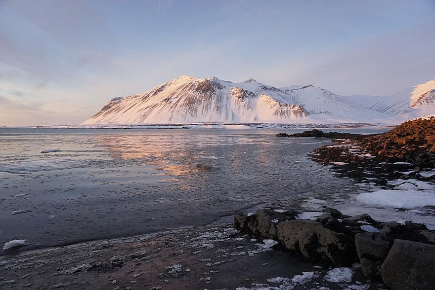 kalnas, sniegas, fjordas, vulkanas, vanduo, užšaldyti, ledas, žiemą, šalta, saulėlydis, saulėtekis