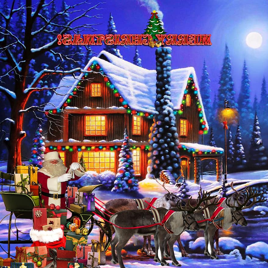 バックグラウンド、森の中、家、サンタ、クリスマス、夜、冬、雪、お祝い、デコレーション、シーズン