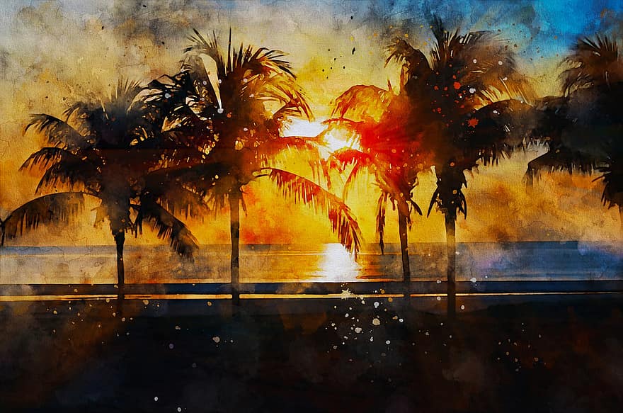 spiaggia, tramonto, pittura, acquerello, Alba, palme, silhouette, costa, riva del mare, mare, oceano