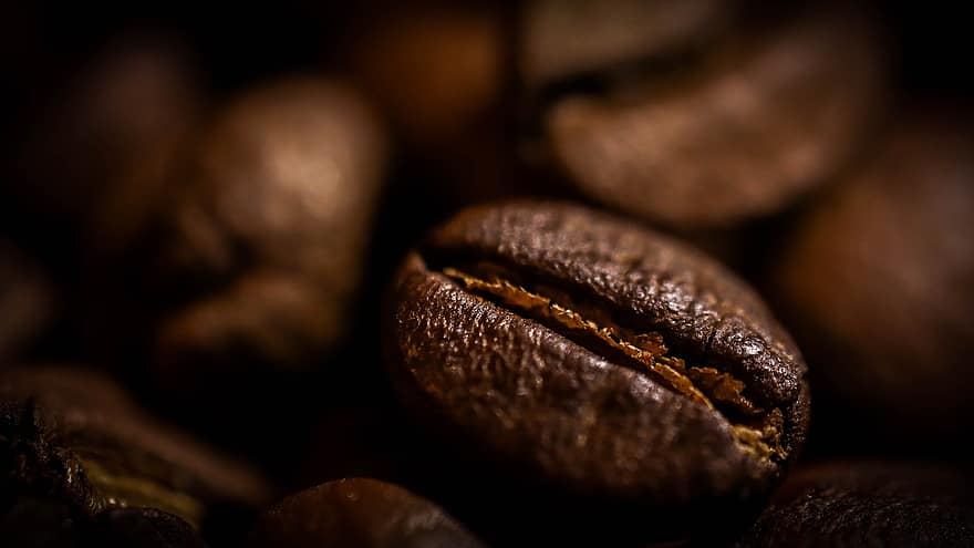 コーヒー、コーヒー豆、フード、ロースト、褐色、カフェイン、マクロ、閉じる、豆、ダーク、きらきら
