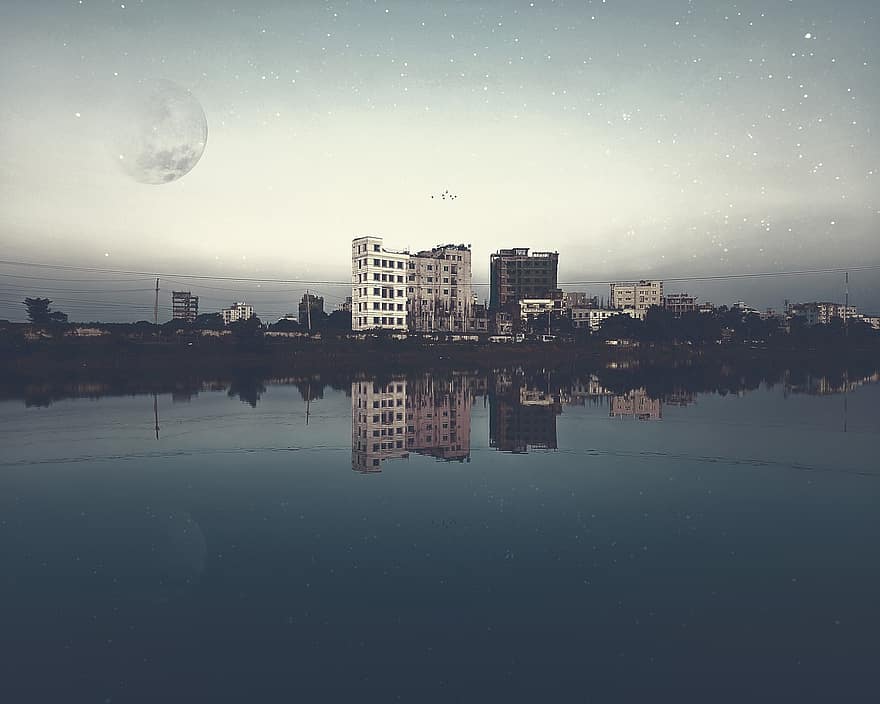 miestas, upė, naktinis dangus, mėnulis, žvaigždės, atspindys, vanduo, pastatai, panorama, miesto, naktis