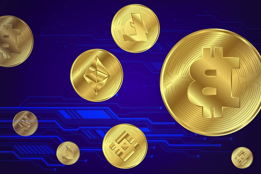 crypto, cryptocurrency, blockchain, tapeta na zeď, Pozadí, prapor, bitcoin, litecoin, ethereum, Binance, zlatý