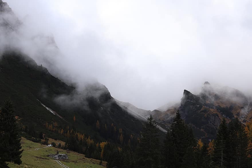 montañas, pico, nubes, cumbre, nublado, Alpes, alpino, cordillera, arboles, bosque, paisaje