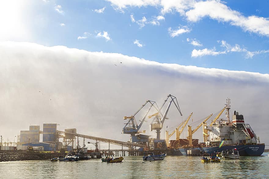 Cargo, Transport, Sea, Ocean, Landscape, Clouds, commercial dock, shipping, crane, construction machinery, nautical vessel