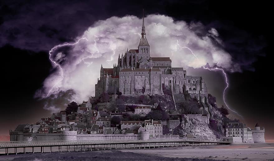 lý lịch, Lâu đài, nhà thờ, Fantansy, Pháo đài, đám mây, làm sáng, kịch tính, đêm, ngành kiến ​​trúc, sự thánh thiện