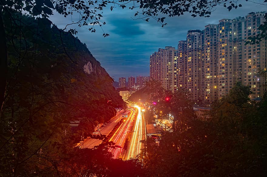 by, Urban, vei, reise, turisme, natt, Guiyang, Guizhou