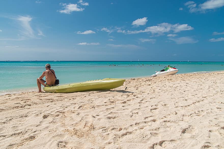 Пляжний, човен, людина, море, туристична, відпустка, свято, пісок, узбережжі, Кариби, берег
