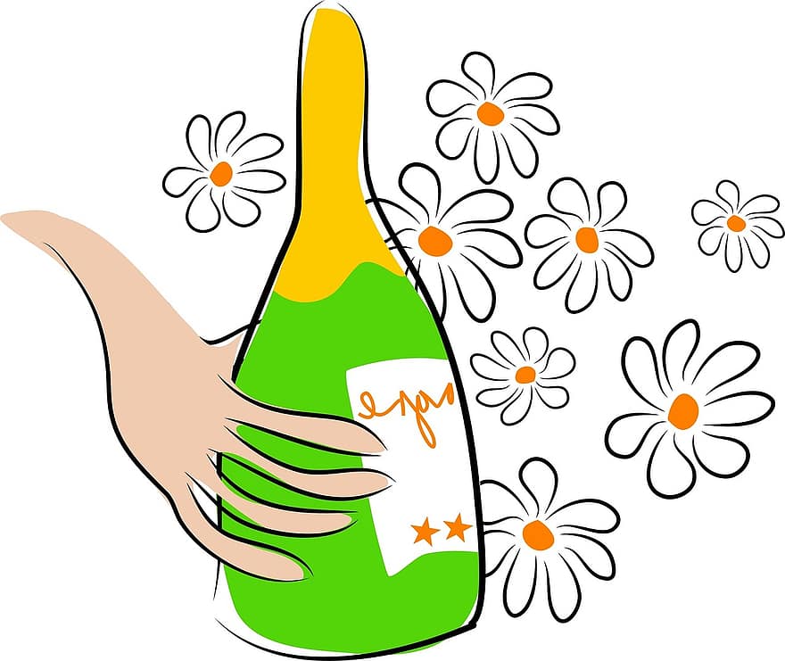 dessin animé, griffonnage, bouteille, du vin, Champagne, célébrer, fête, boisson