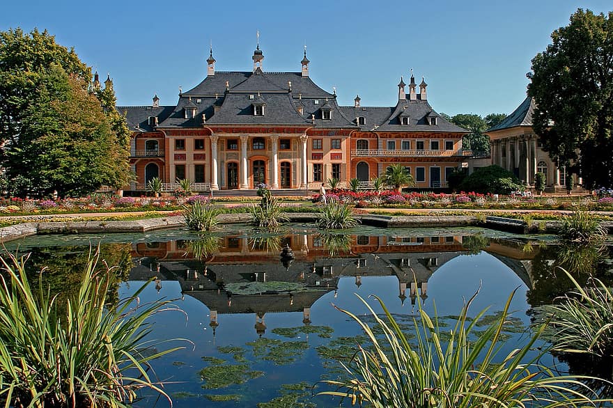 Pillnitz, замок, дрезден, архитектура, Германия, Саксония, отражение, пруд, воды, известное место, формальный сад