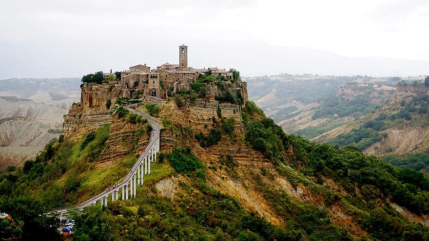 muntanya, escales, roques, empinada, ciutat de muntanya, bagnoregio, Toscana, panorama, resideix, arquitectura, ciutat