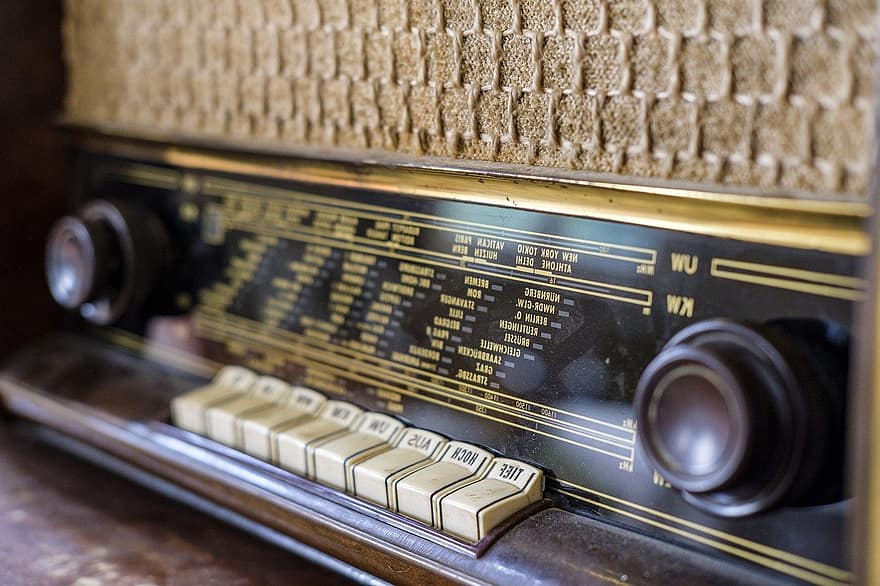 radio, modtager, musik, lyd, retro, gammeldags, gammel, antik, teknologi, træ, knop