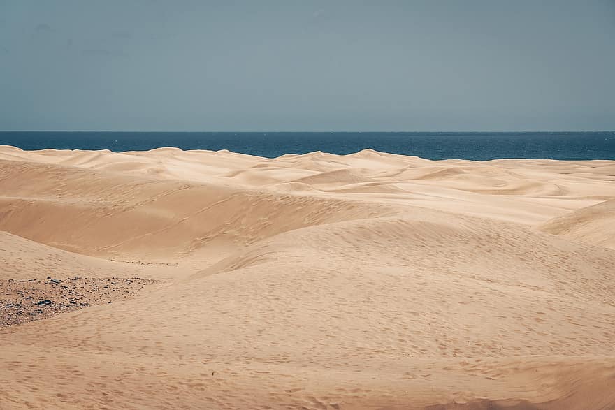 Sand, Dünen, Maspalomas Dünen, Strand, Meer, Ozean, Küste, Horizont, Landschaft, Naturreservat der Dünen von Maspalomas, Kanarische Inseln