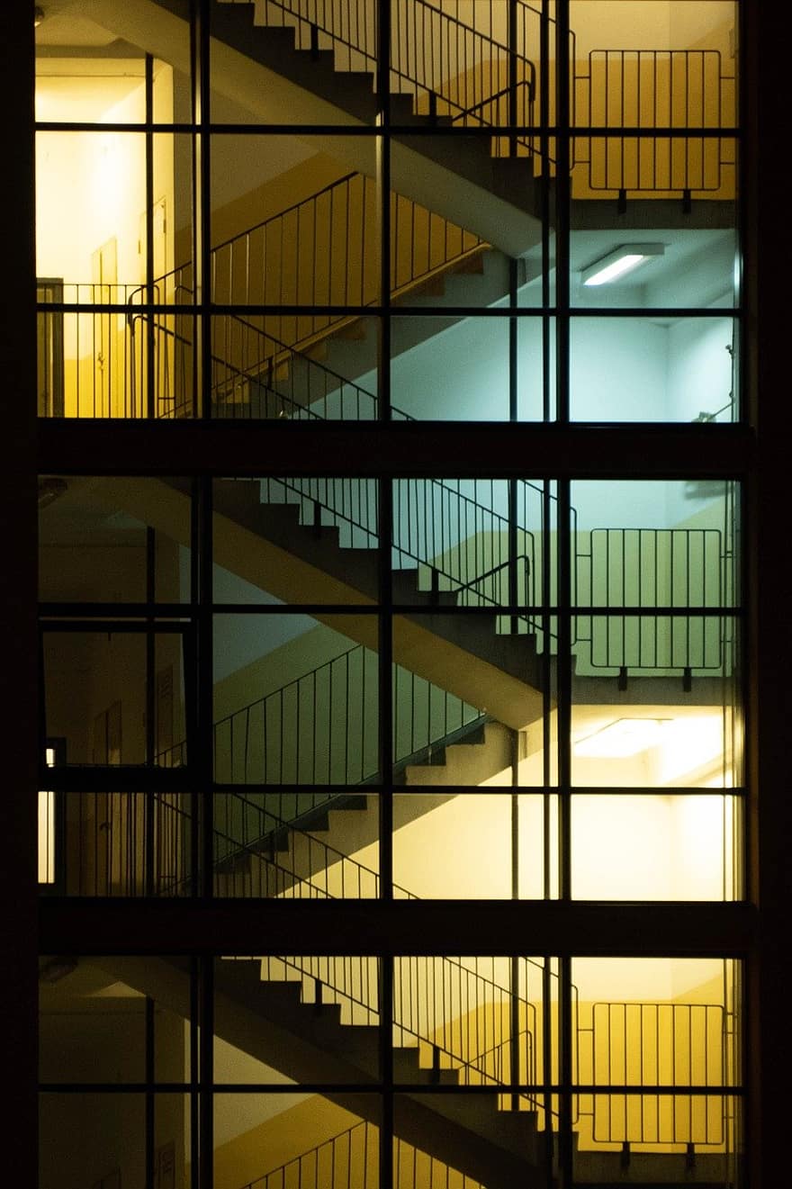 escalera, edificio, ventana, arquitectura, ligero, estructura construida, vaso, moderno, reflexión, acero, metal