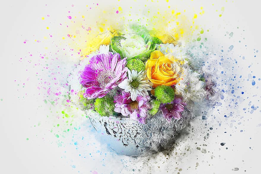 Flowers, Vase, Art, Abstract, Nature, Watercolor, Vintage, Colorful, Bouquet, Wedding, Spring