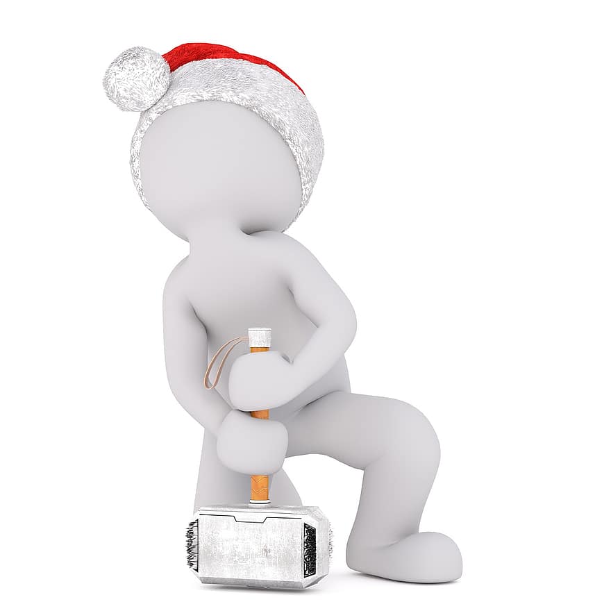 vit manlig, isolerat, 3d modell, jul, santa hatt, hela kroppen, vit, 3d, figur, hammare, hård