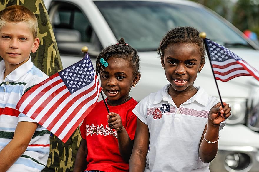 anak-anak, Tanggal empat juli, Amerika Serikat, jalan, di luar rumah, Parade 4 Juli, Amerika Afrika, poc