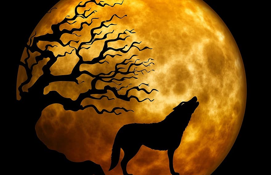 狼、遠吠え、月、変な、シュールな、雰囲気、気味が悪い