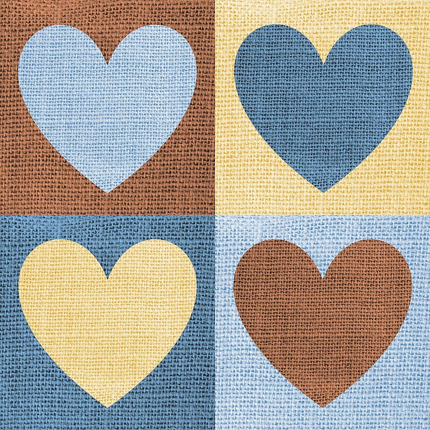 en tissu, cœurs, amour, quadrants, textile, texture, beige, marron, bleu, nuances, formes