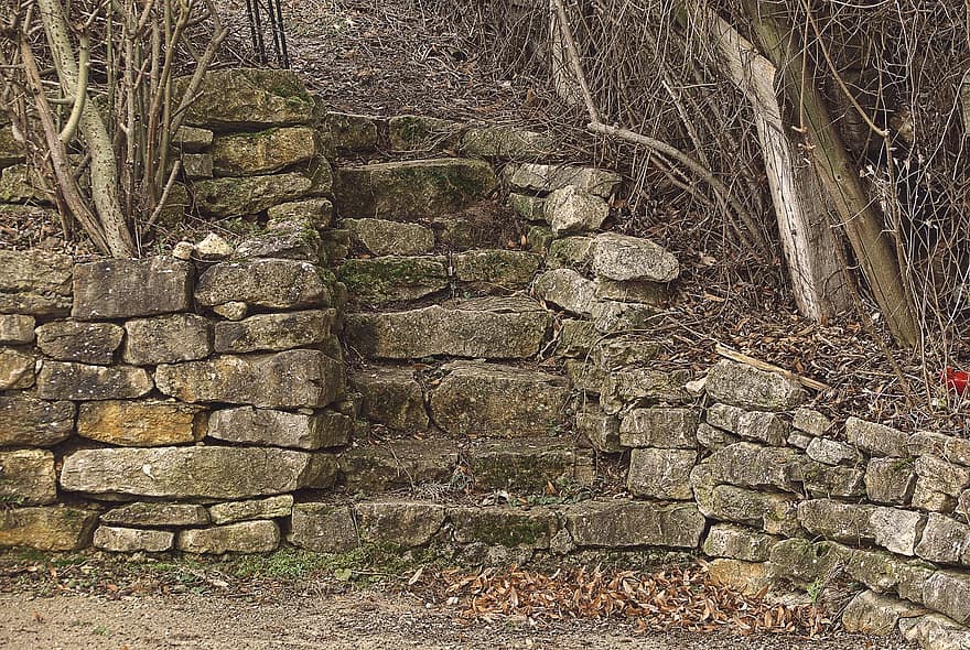 階段、石垣、乾式壁、天然石、石の階段、ヒルサイドガーデン、古い、建築、れんが、森林、石材