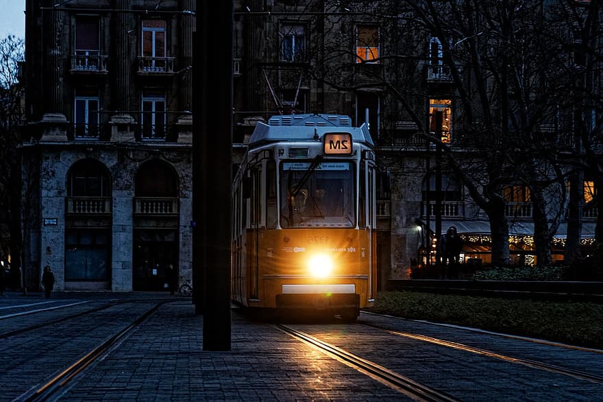 τραμ, δρόμος, Νύχτα, Δημόσια Συγκοινωνία, δημόσια συγκοινωνία, Βουδαπέστη, πόλη, Ουγγαρία, αστικός
