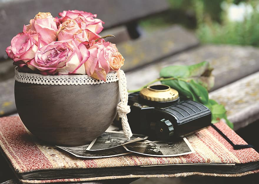 róże, aparat fotograficzny, nostalgia, martwa natura, drewno, wazon, zbliżenie, stół, dekoracja, staromodny, kwiat