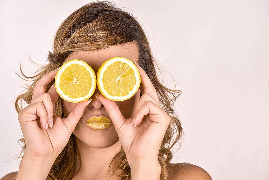 citron-, kvinnor, modell, gul, skönhet, beundran, mun, händer, frukt, orange, färsk