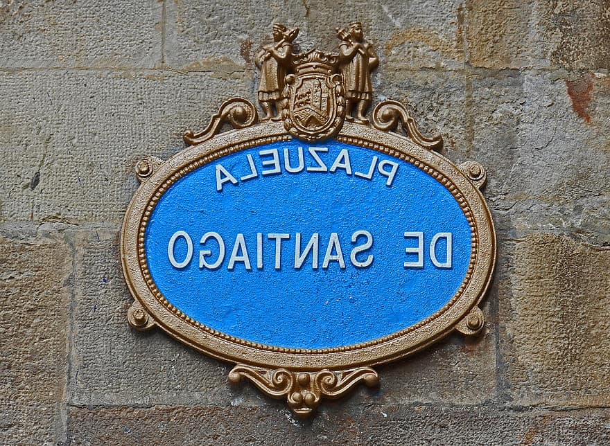 Знак на поклонника, jakobsweg, Билбао, Плазуела де Сантяго, pilgr, означения, стена, Камино, знак, текст, син